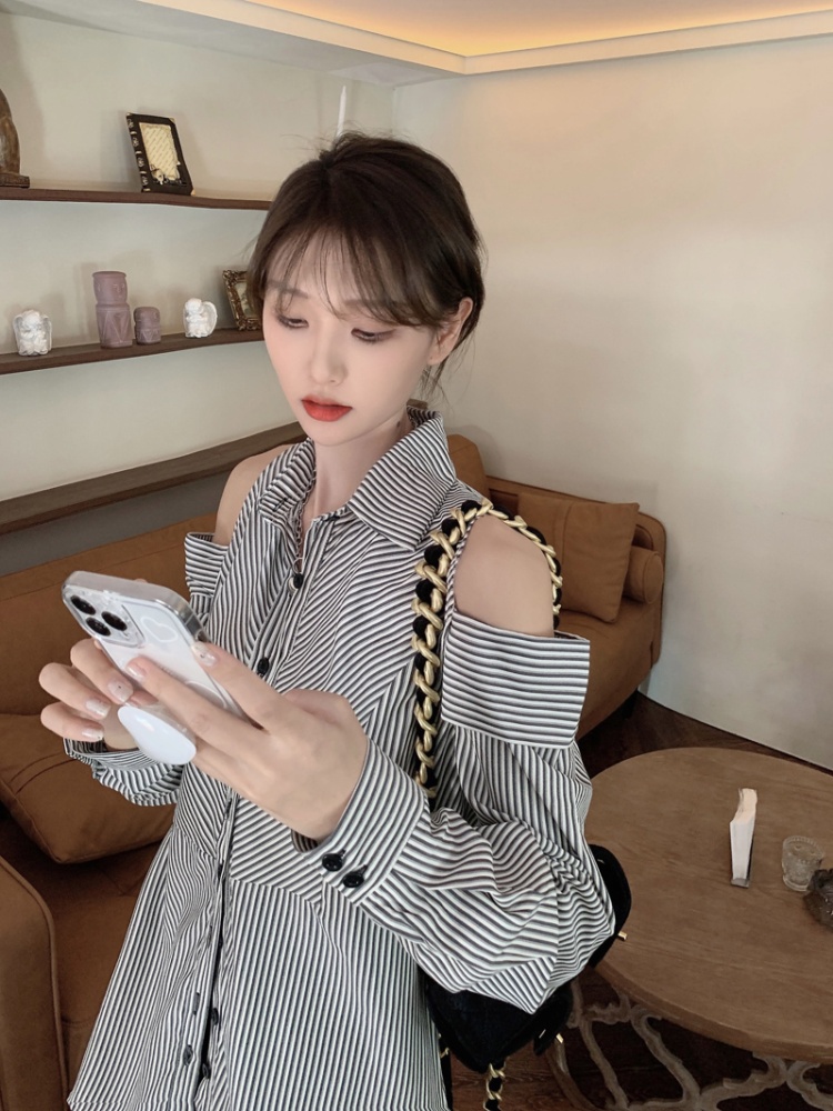 Stripe lazy autumn tops Casual strapless shirt for women