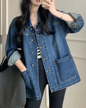 Loose simple Casual denim coat retro autumn lapel tops for women
