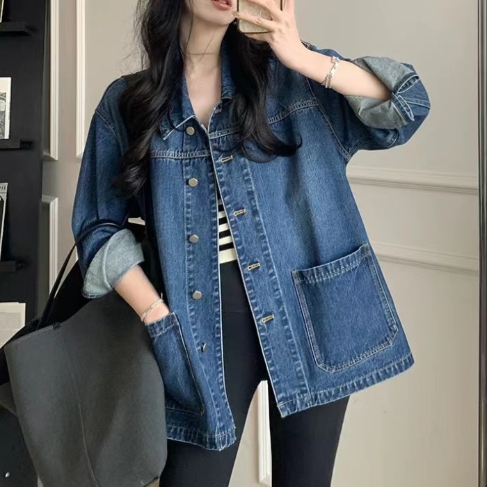 Loose simple Casual denim coat retro autumn lapel tops for women