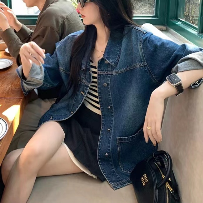 Loose simple Casual denim coat retro autumn lapel tops for women