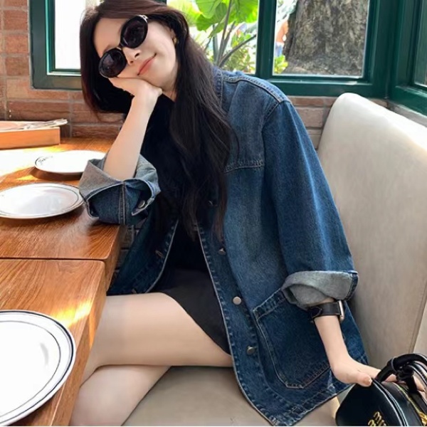 Loose simple Casual denim coat retro autumn lapel tops for women