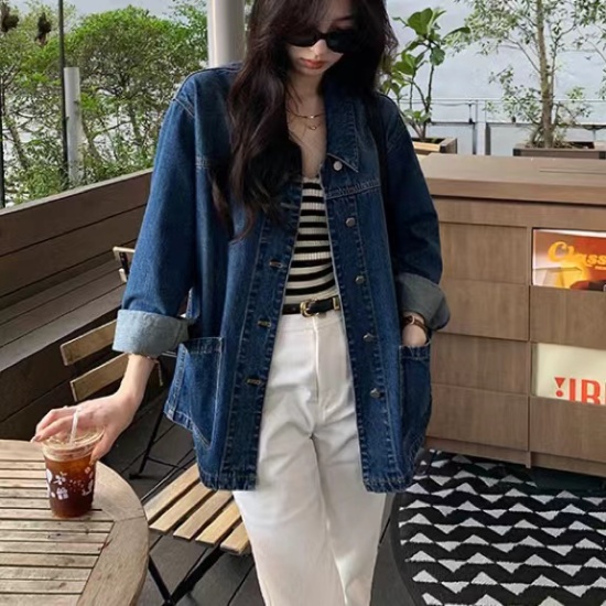 Loose simple Casual denim coat retro autumn lapel tops for women