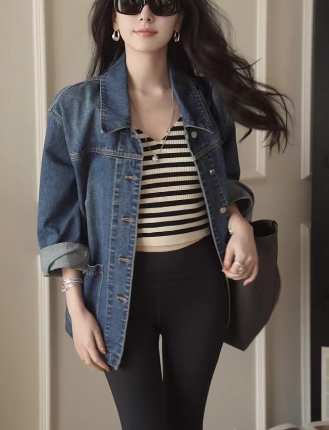 Loose simple Casual denim coat retro autumn lapel tops for women