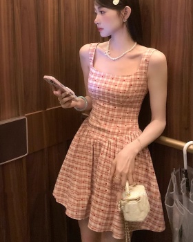 Plaid sweet T-back pinched waist dress for women