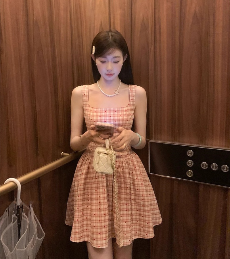 Plaid sweet T-back pinched waist dress for women