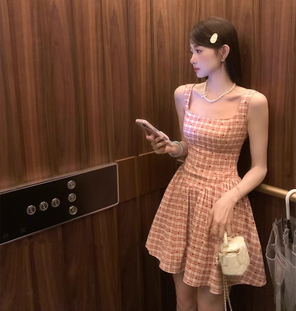 Plaid sweet T-back pinched waist dress for women