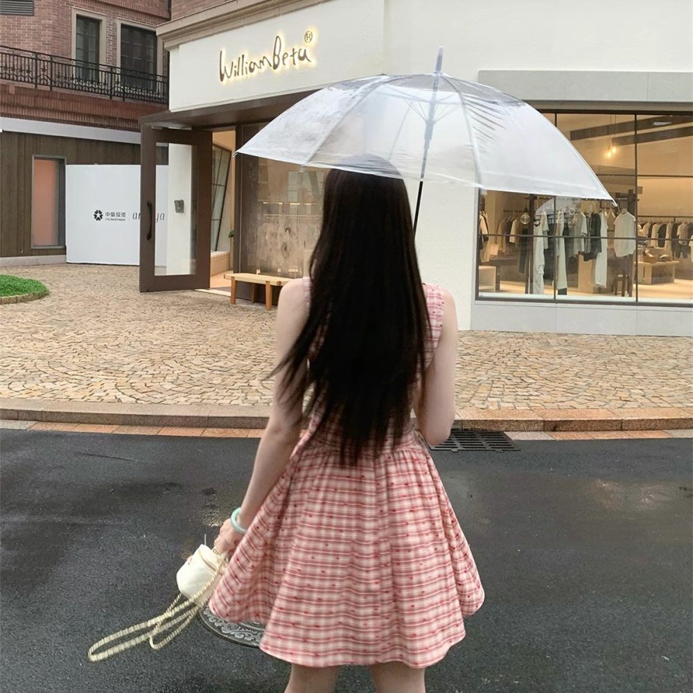 Plaid sweet T-back pinched waist dress for women