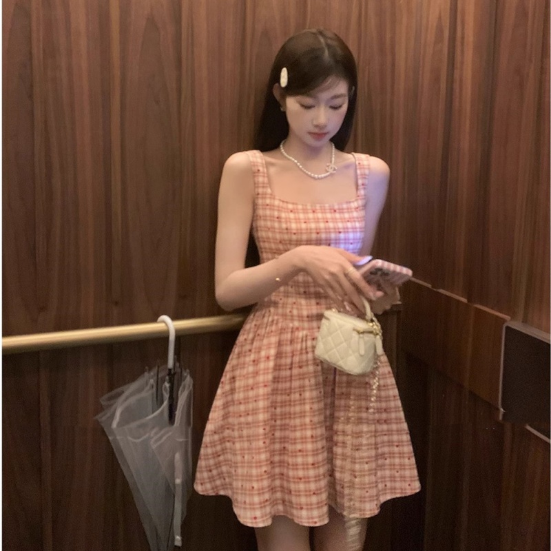 Plaid sweet T-back pinched waist dress for women