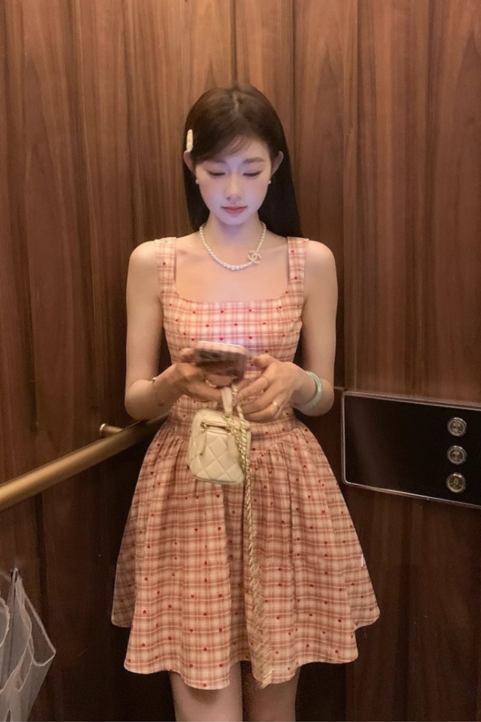 Plaid sweet T-back pinched waist dress for women