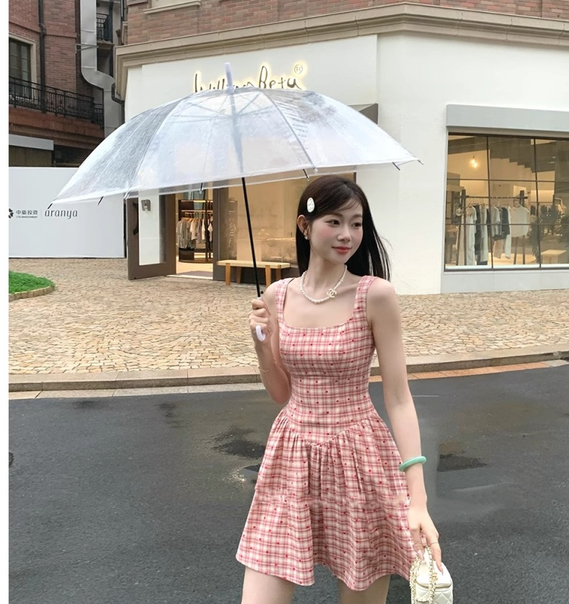Plaid sweet T-back pinched waist dress for women