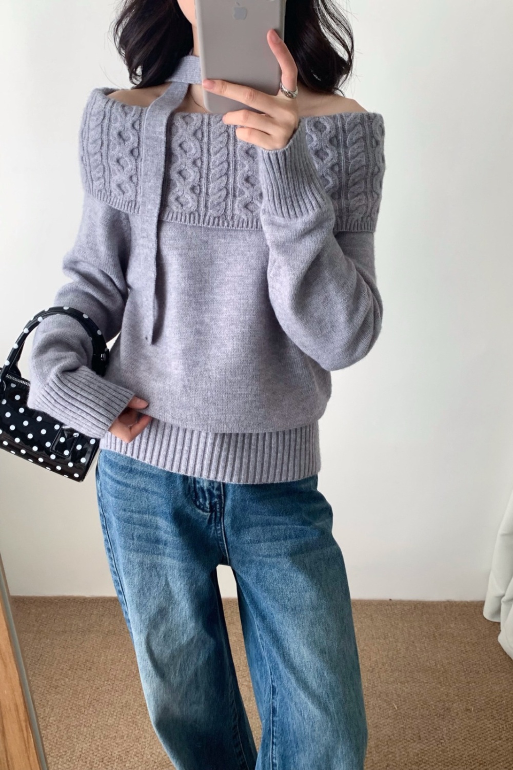 Flat shoulder niche tops gray long sleeve sweater