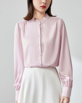Wood ear white cstand collar drape shirt for women
