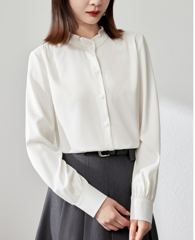 Wood ear white cstand collar drape shirt for women