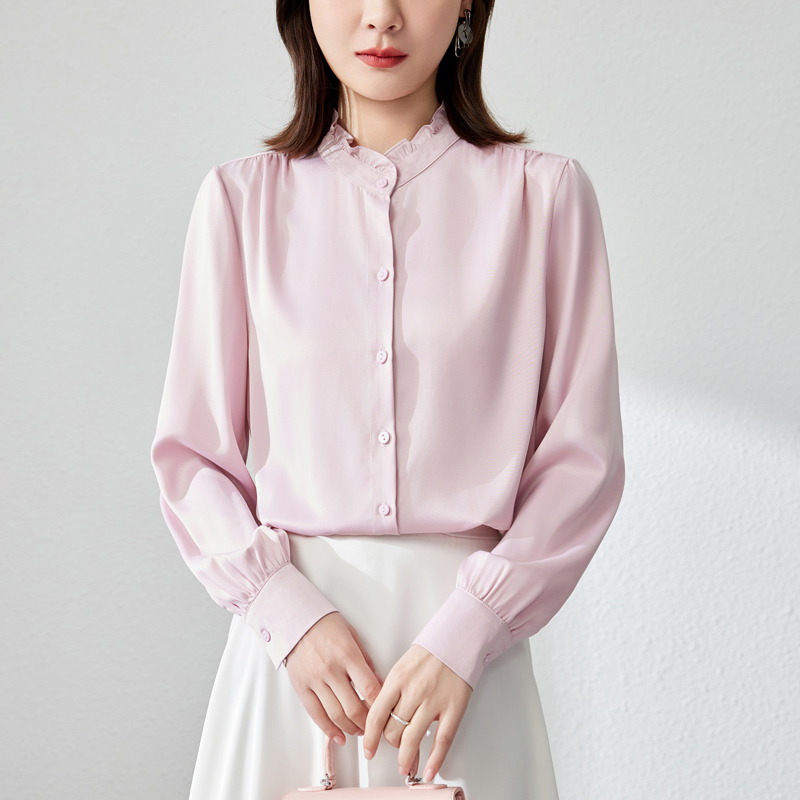 Wood ear white cstand collar drape shirt for women