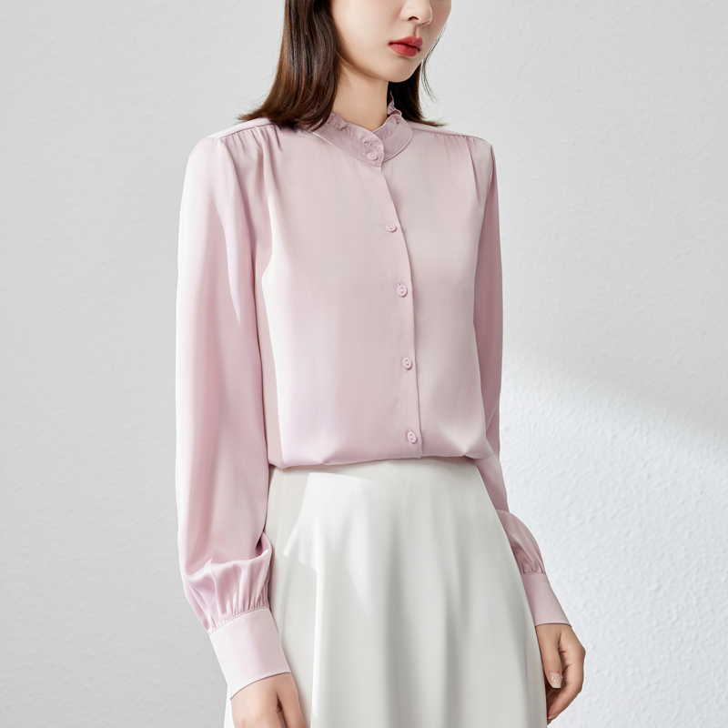 Wood ear white cstand collar drape shirt for women