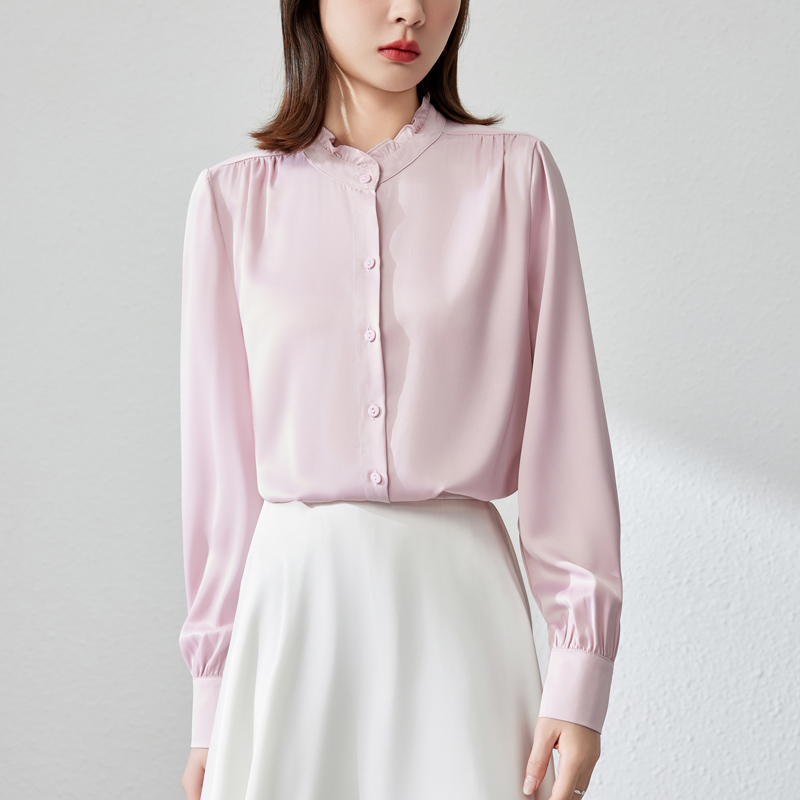Wood ear white cstand collar drape shirt for women