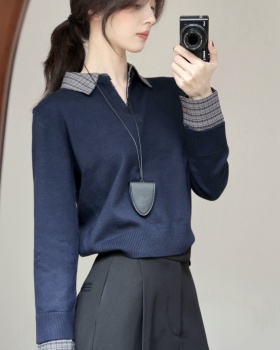 Spring knitted bottoming shirt Pseudo-two lapel tops