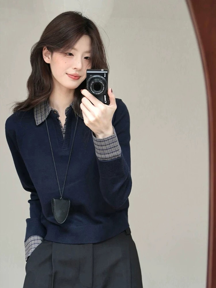 Spring knitted bottoming shirt Pseudo-two lapel tops