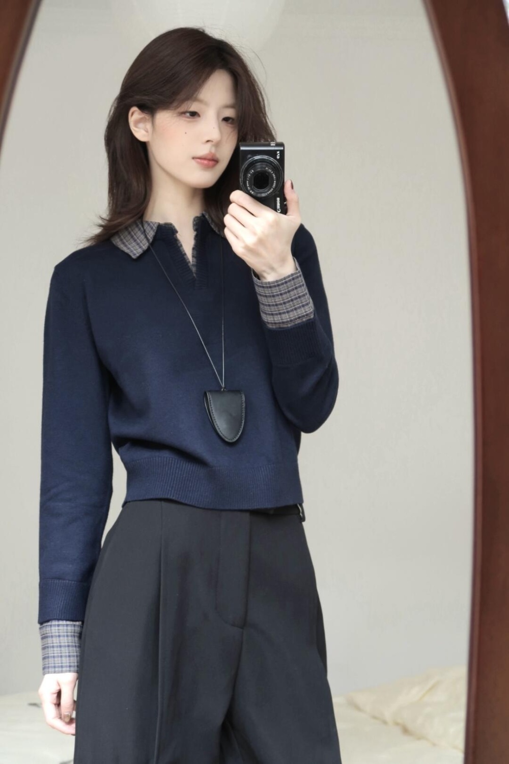 Spring knitted bottoming shirt Pseudo-two lapel tops
