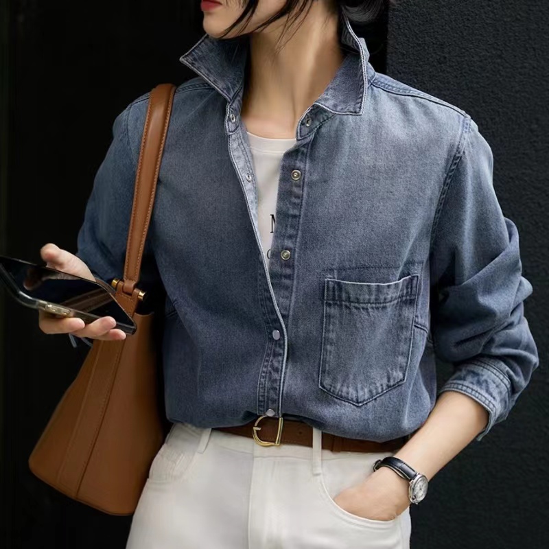 Autumn washed long sleeve coat denim retro shirt