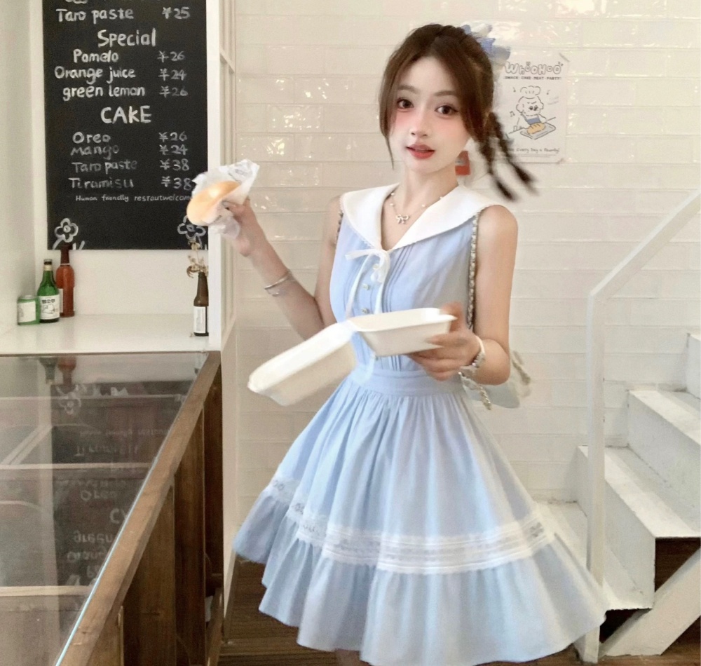 Navy stripe shirt pinched waist maiden dress for women