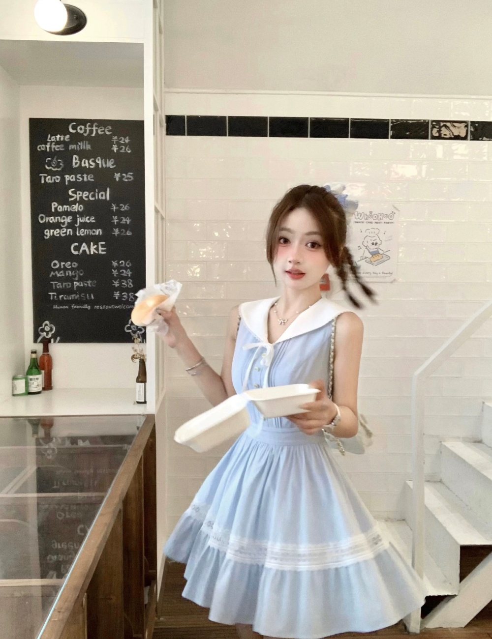 Navy stripe shirt pinched waist maiden dress for women