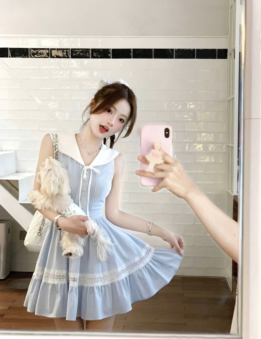 Navy stripe shirt pinched waist maiden dress for women