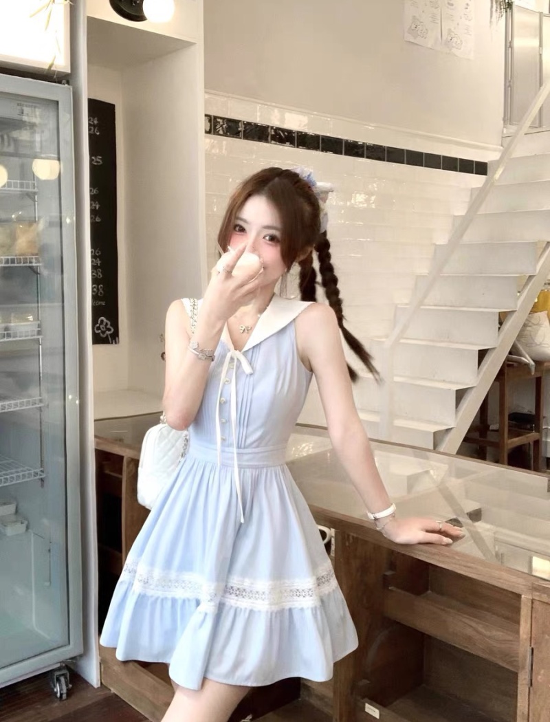 Navy stripe shirt pinched waist maiden dress for women