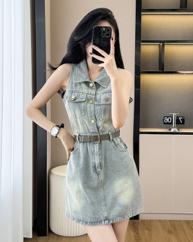 Halter denim cool sleeveless summer high waist A-line dress