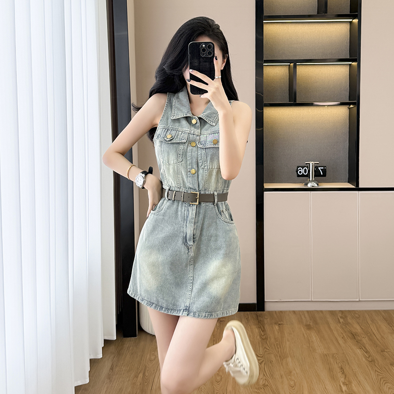 Halter denim cool sleeveless summer high waist A-line dress