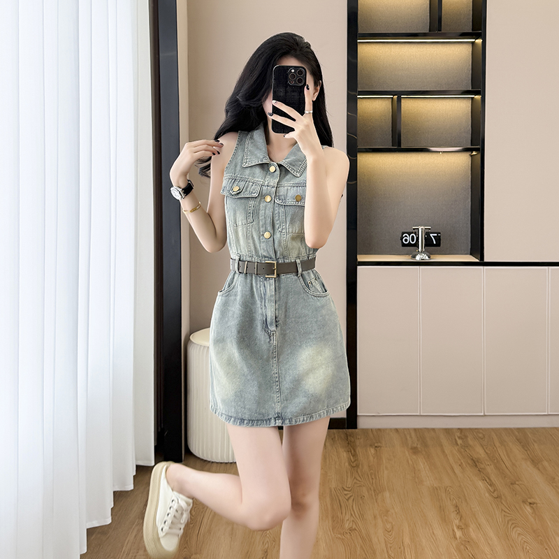 Halter denim cool sleeveless summer high waist A-line dress
