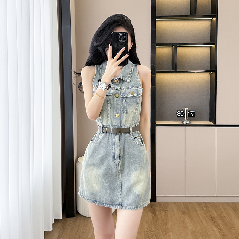 Halter denim cool sleeveless summer high waist A-line dress