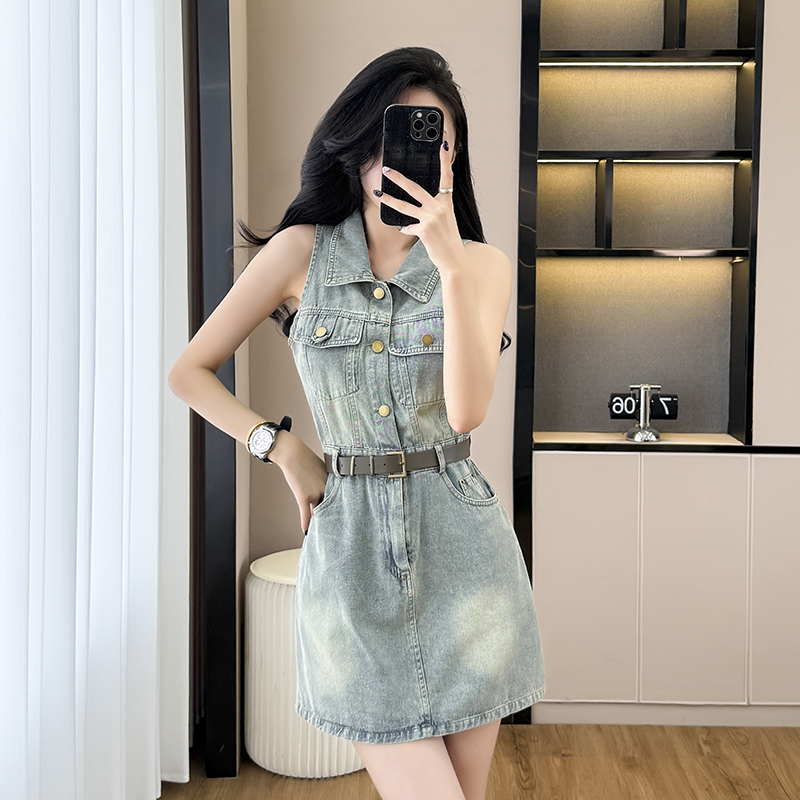 Halter denim cool sleeveless summer high waist A-line dress