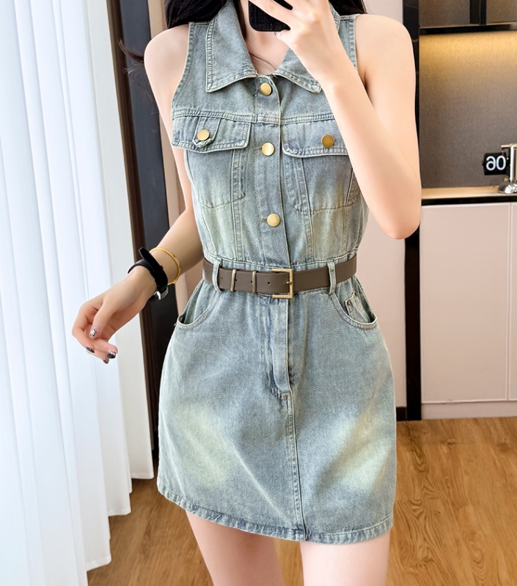Halter denim cool sleeveless summer high waist A-line dress