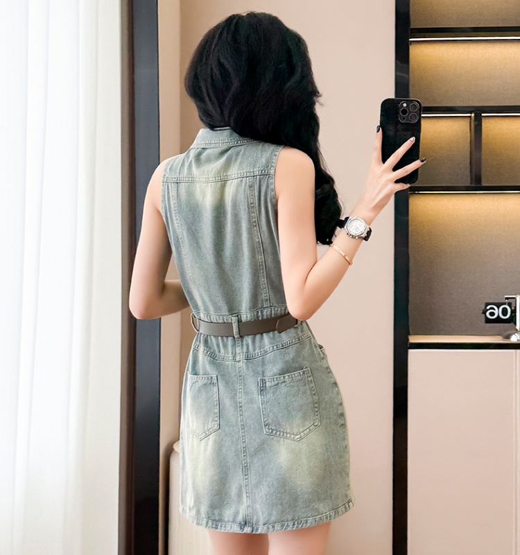 Halter denim cool sleeveless summer high waist A-line dress