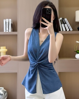 Sleeveless retro V-neck high waist denim slim tops