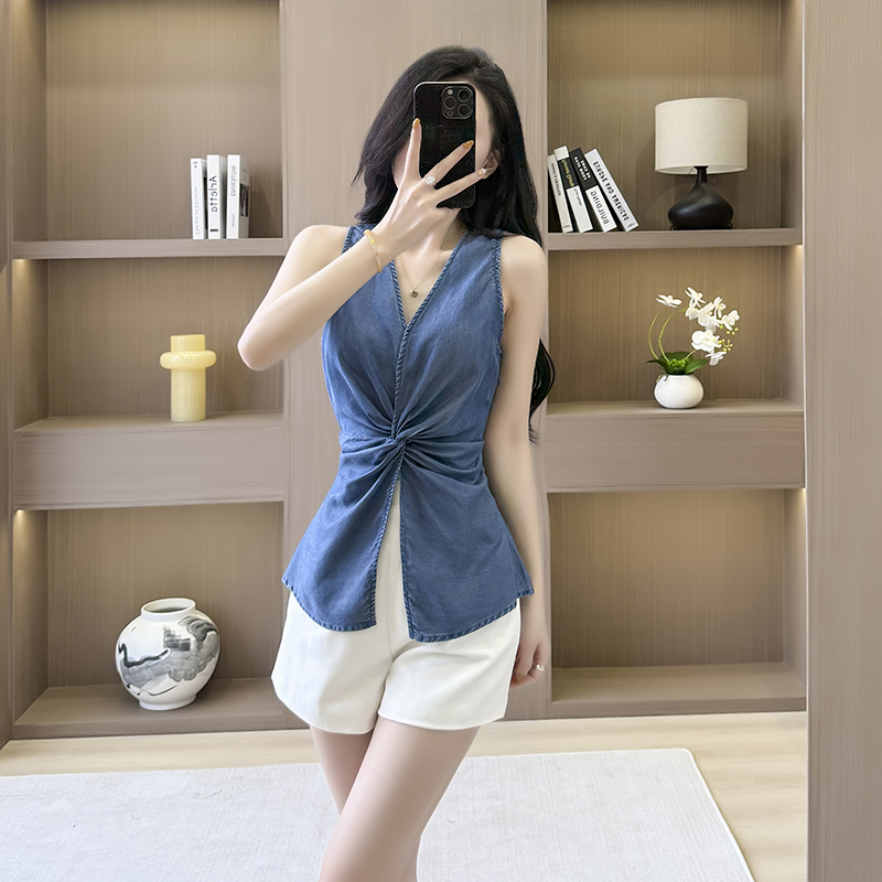 Sleeveless retro V-neck high waist denim slim tops