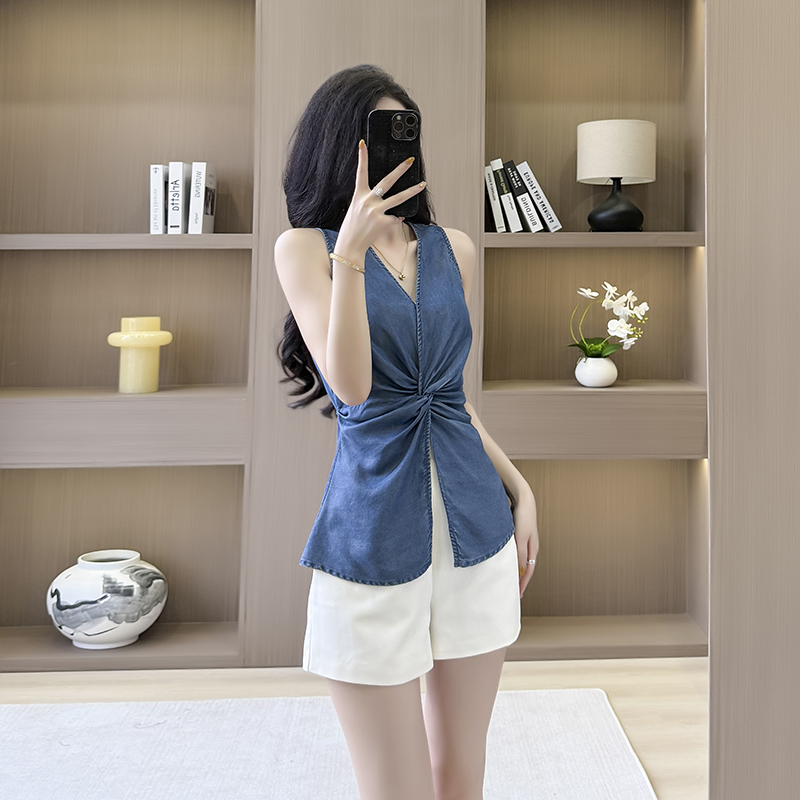 Sleeveless retro V-neck high waist denim slim tops