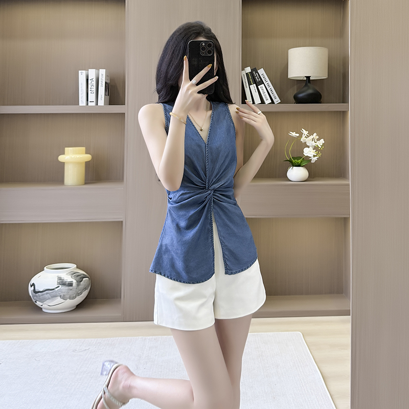 Sleeveless retro V-neck high waist denim slim tops