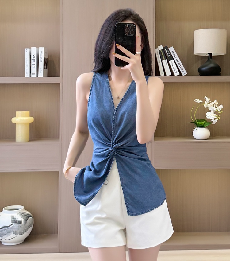 Sleeveless retro V-neck high waist denim slim tops