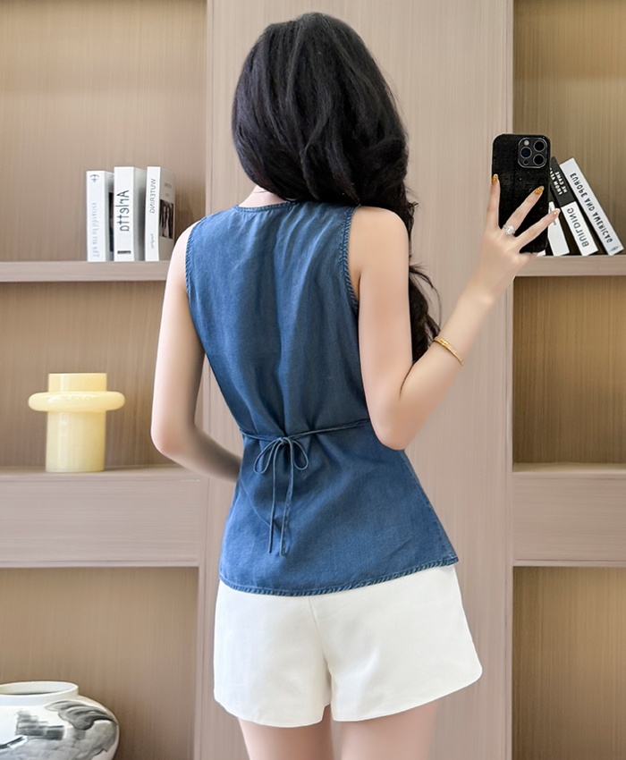 Sleeveless retro V-neck high waist denim slim tops