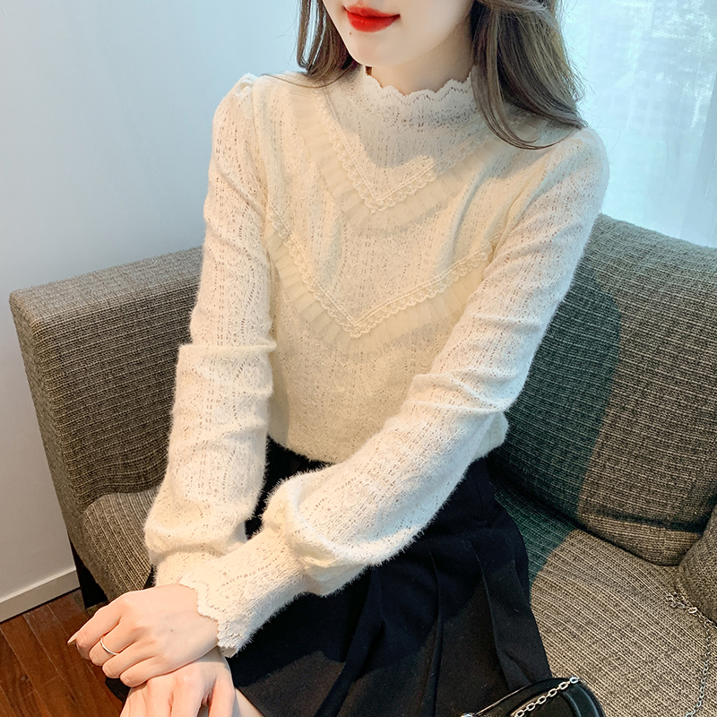 Bottoming autumn and winter lace half high collar shirts