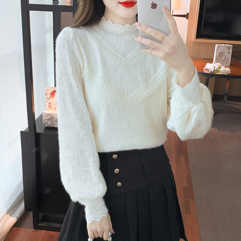 Bottoming autumn and winter lace half high collar shirts