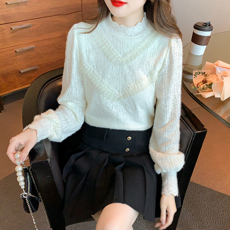 Bottoming autumn and winter lace half high collar shirts