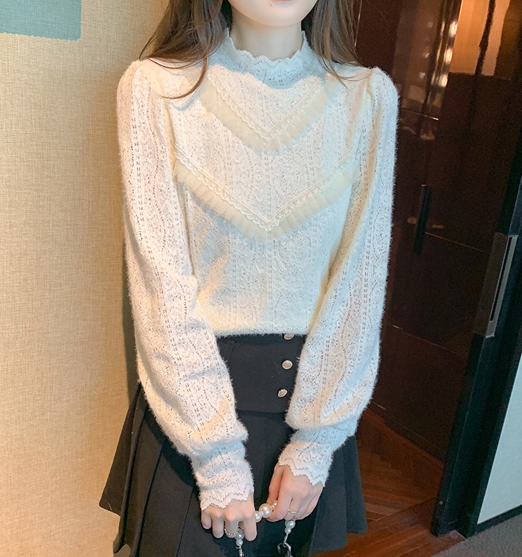 Bottoming autumn and winter lace half high collar shirts