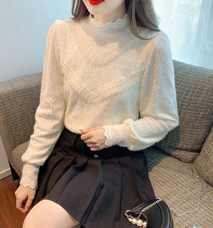 Bottoming autumn and winter lace half high collar shirts