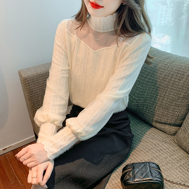 Splice lace shirts hairy bottoming shirt for women