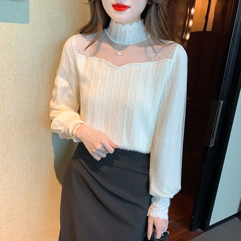 Splice lace shirts hairy bottoming shirt for women