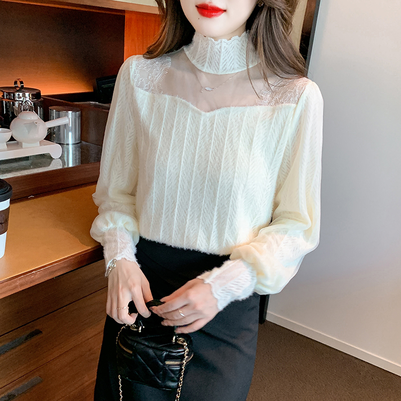 Splice lace shirts hairy bottoming shirt for women