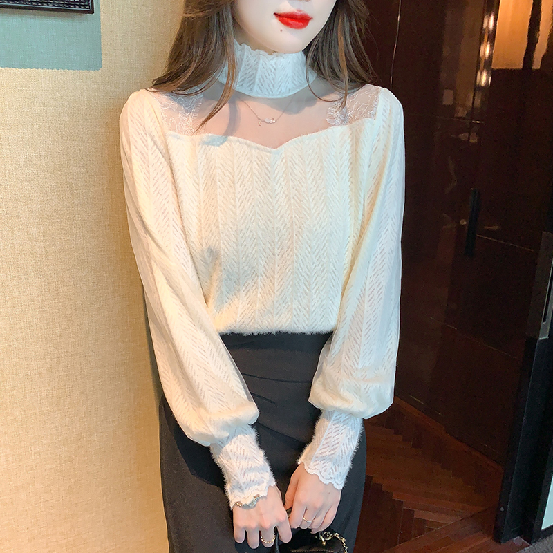 Splice lace shirts hairy bottoming shirt for women